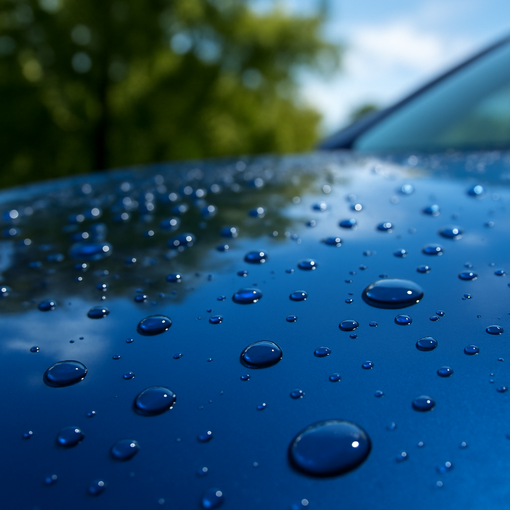 Close-up of a freshly washed and waxed car surface with water beading, showing professional detailing quality