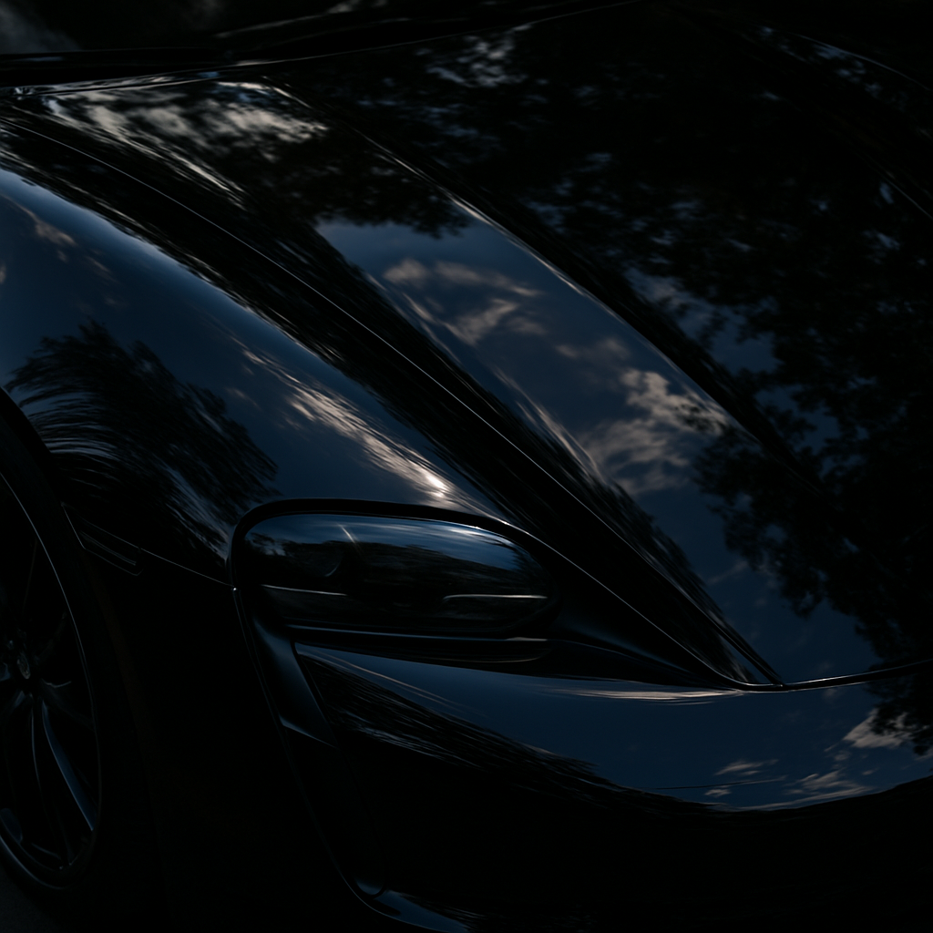 Close-up of a perfectly polished black car bonnet with deep mirror-like gloss from professional waxing