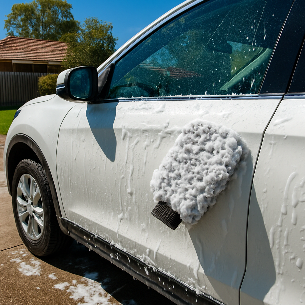 Professional hand washing foam covering a white car exterior during a mobile wash service