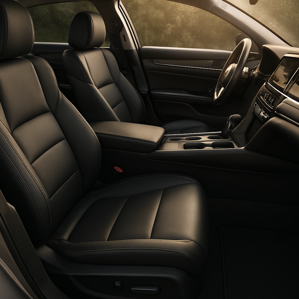 Spotlessly clean car interior with freshly vacuumed seats and polished dashboard