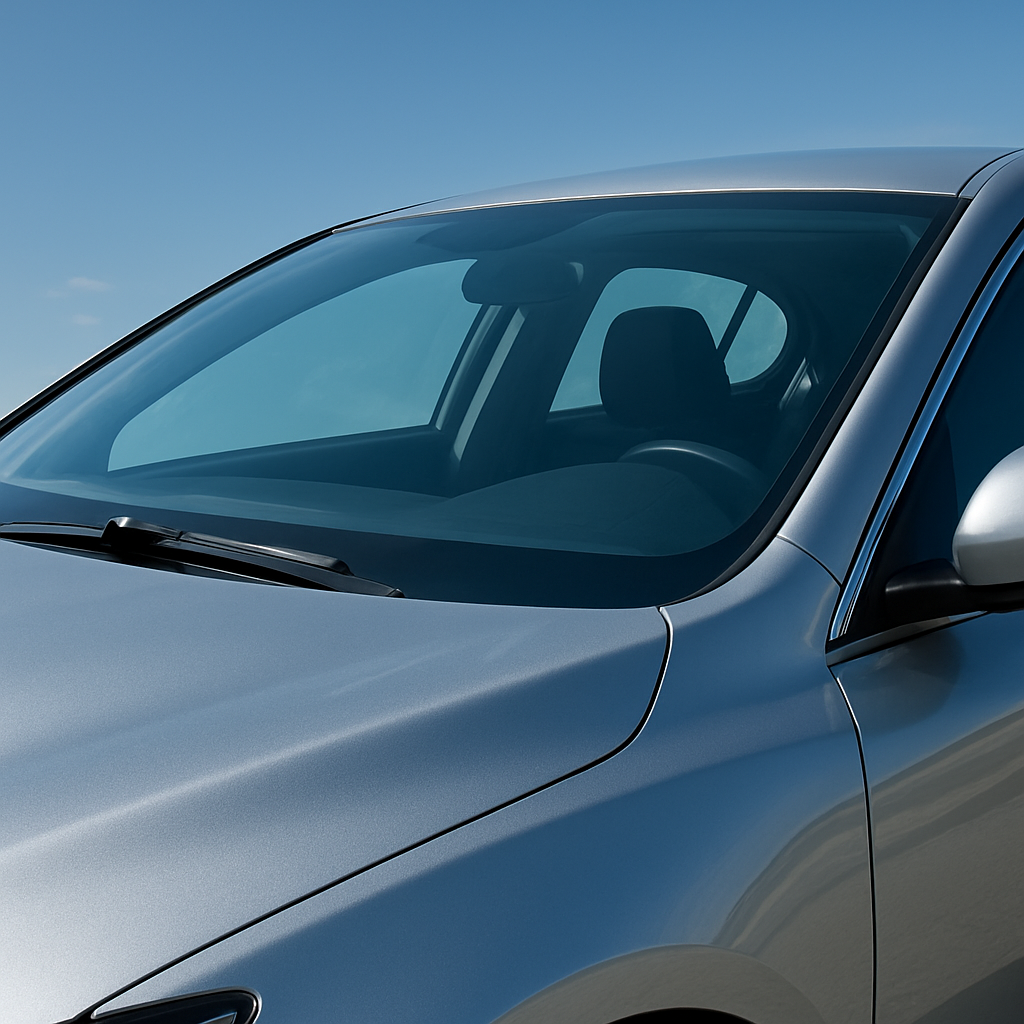 Streak-free clean car windshield and windows sparkling in bright sunlight
